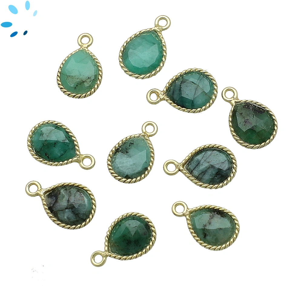 Raw Emerald Pear Twisted Wire Bezel Charm Pendant 10x9mm - 18k Gold Plated Sterling Silver - Set of 4
