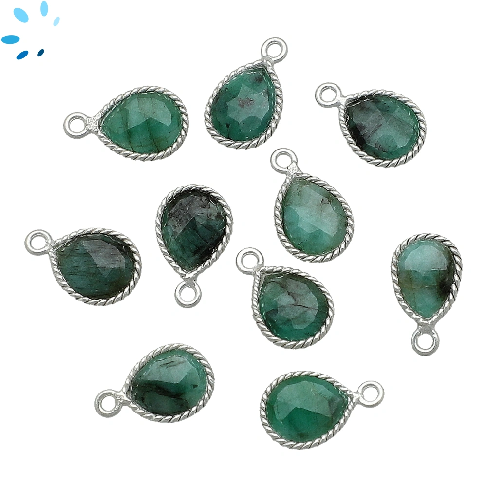 Raw Emerald Pear Twisted Wire Bezel Charm Pendant 10x9mm - Platinum Plated Sterling Silver - Set of 4