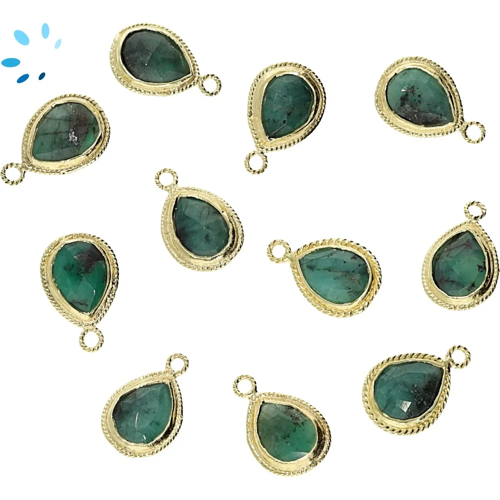 Raw Emerald Pear Twisted Wire Bezel Charm Pendant 11x9mm - 18k Gold Plated Sterling Silver - Set of 4