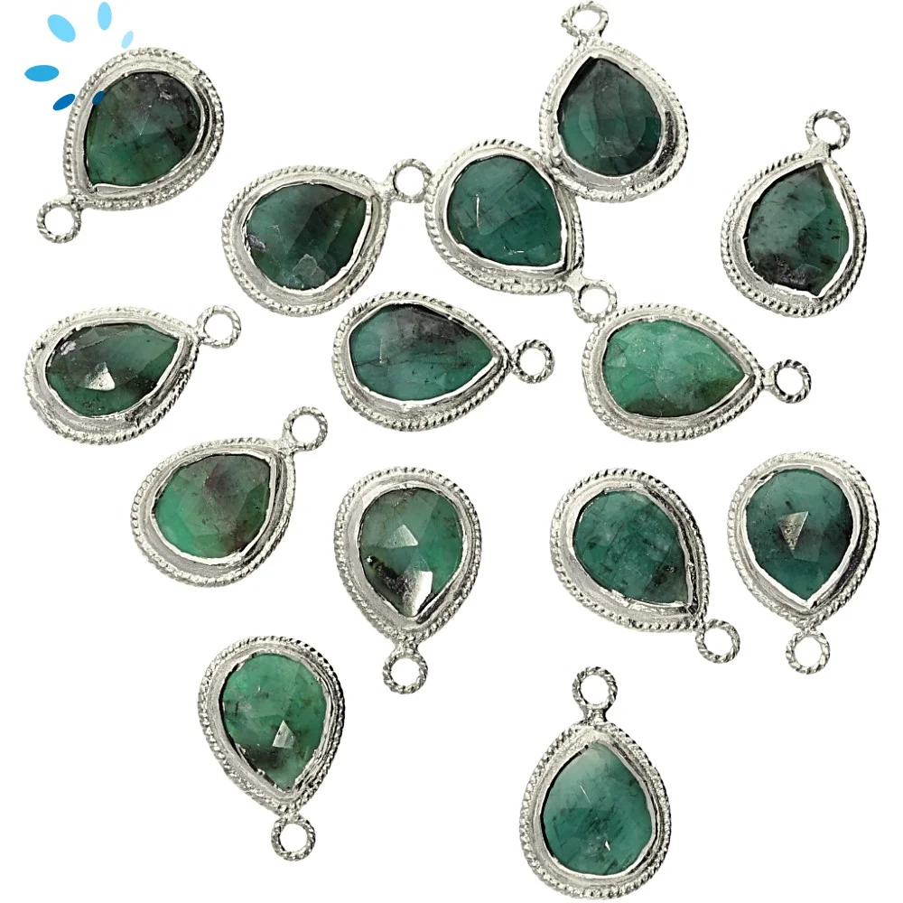 Raw Emerald Pear Twisted Wire Bezel Pendant Charm 11x9mm - Silver Plated Sterling Silver - Set of 4