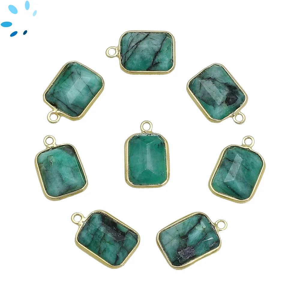 Raw Emerald Rectangle Bezel Charm Pendant 14x10mm - 18k Gold Plated Sterling Silver - Set of 4