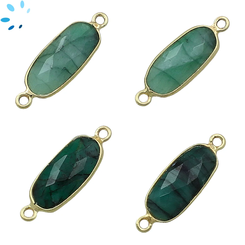 Raw Emerald Rectangle Bezel Connector 16x7 - 18x8mm - 18k Gold Plated Sterling Silver - Set of 4