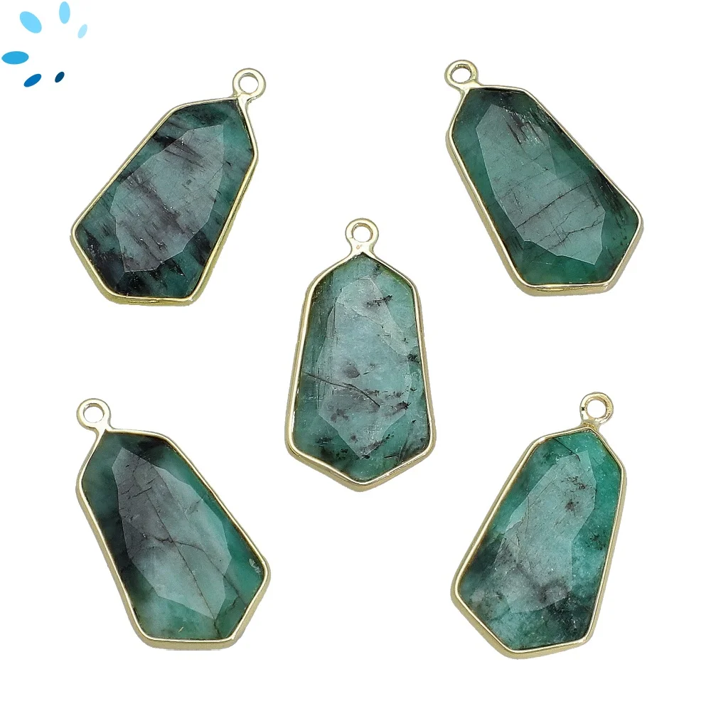 Raw Emerald Shield Bezel Charm Pendant 23x13mm - 18k Gold Plated Sterling Silver - Set of 2