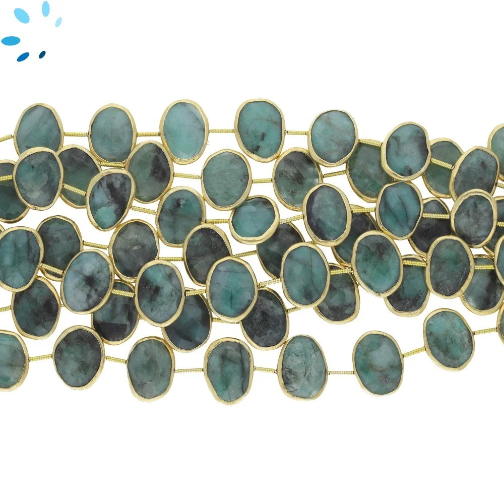 Raw Emerald Smooth Nuggets Bezel Set Beads 15x12mm Center Drilled - 18k Gold Plated Sterling Silver