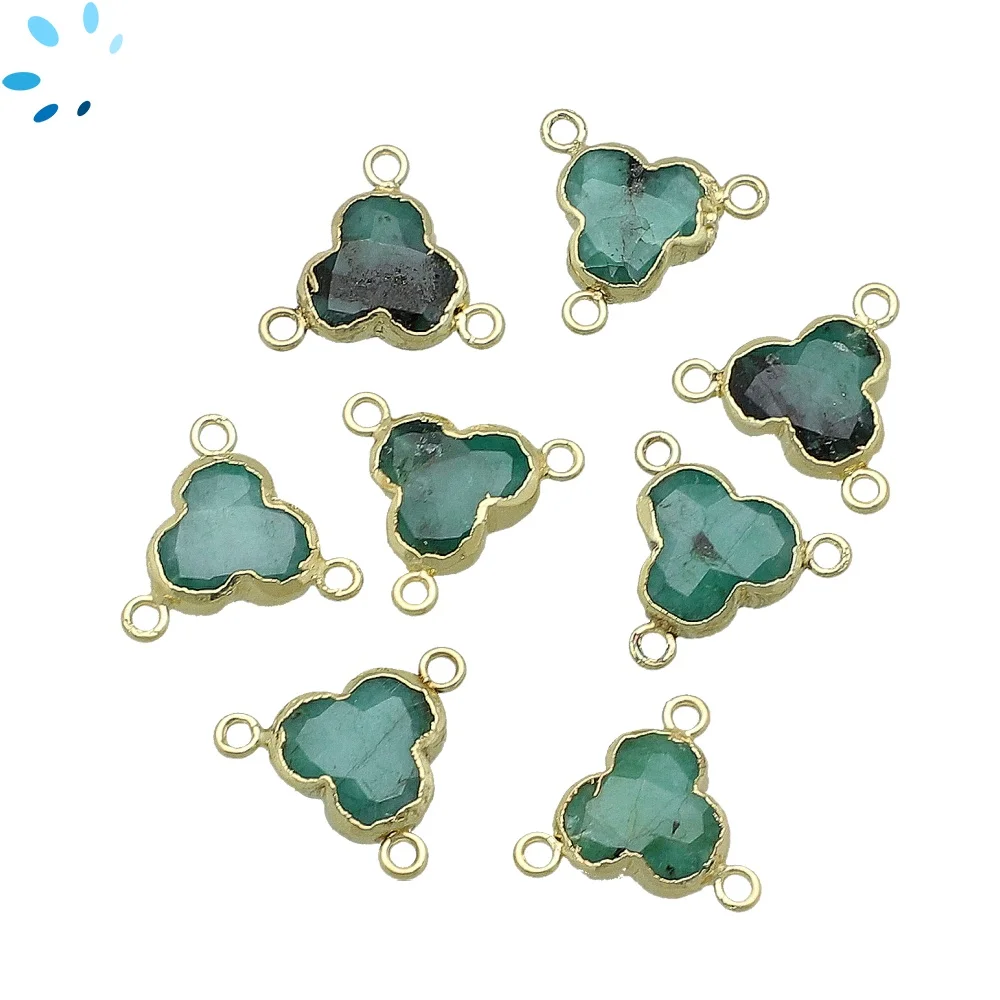 Raw Emerald Trefoil Connector 10mm 18k Gold Electroplated - Set of 4