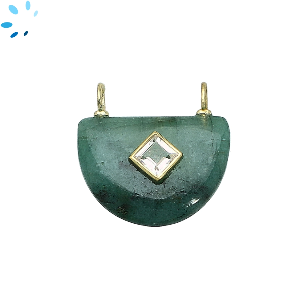 Raw Emerald & White Topaz Fancy Shape Inlay Pendant Charm 24x16mm - 18k Gold Plated Sterling Silver