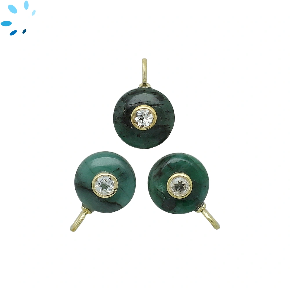 Raw Emerald & White Topaz Round Inlay Charm Pendant 12mm - 18k Gold Plated Sterling Silver - 1 Piece
