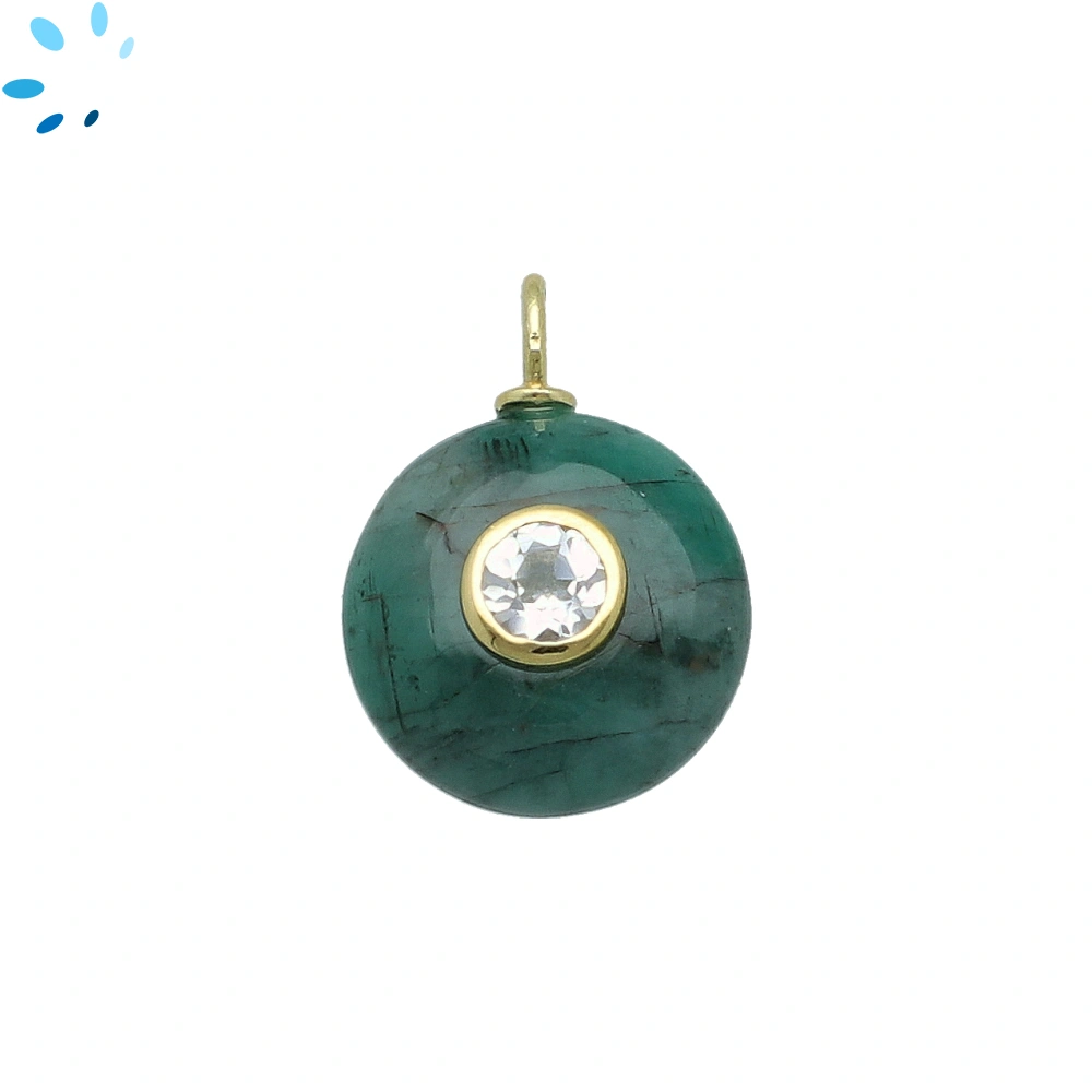 Raw Emerald & White Topaz Round Inlay Charm Pendant 16mm - 18k Gold Plated Sterling Silver - 1 Piece