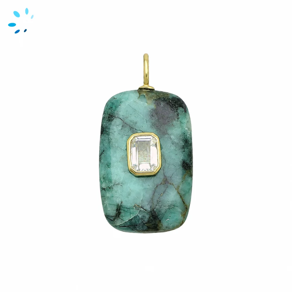 Raw Emerald & White Topaz Slab Rectangle Inlay Pendant Charm 28x18mm - 18k Gold Plated Sterling Silver 1 Piece