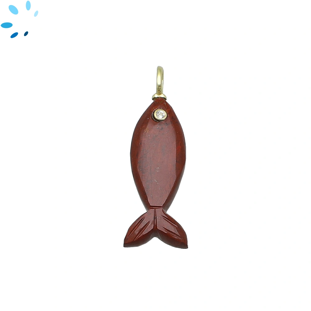 Red Jasper & White Topaz Vertical Elongated Fish Inlay Pendant Charm 25x9mm - 18k Gold Plated Sterling Silver