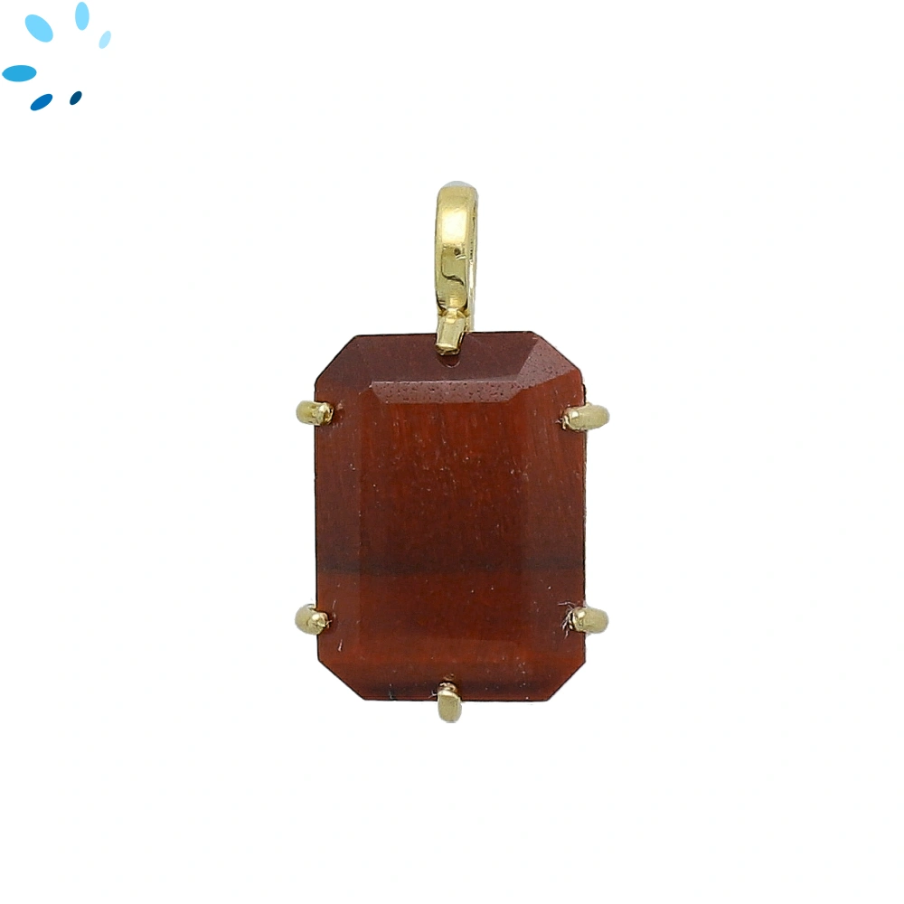 Red Tiger Eye Octagon Prong-Set Pendant Charm 17x13mm - 18k Gold Plated Sterling Silver - 1 Piece 
