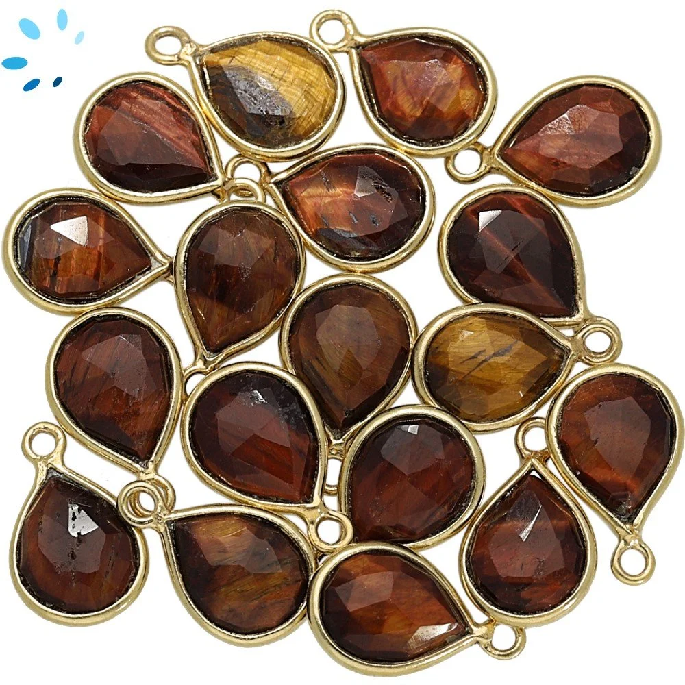 Red Tiger Eye Pear Bezel Pendant Charm 9x7mm - 18k Gold Plated Sterling Silver - Set of 4