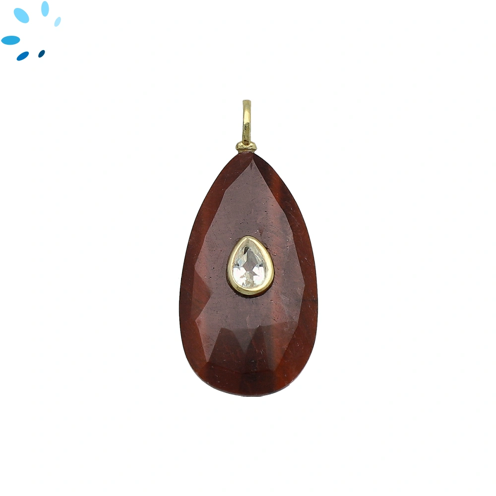 Red Tiger Eye & White Topaz Pear Inlay Pendant Charm 29x16mm - 18k Gold Plated Sterling Silver - 1 Piece