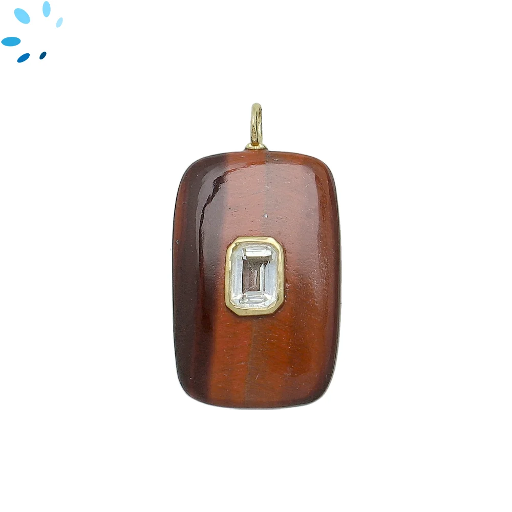 Red Tiger Eye & White Topaz Slab Rectangle Inlay Pendant Charm 28x18mm - 18k Gold Plated Sterling Silver 1 Piece