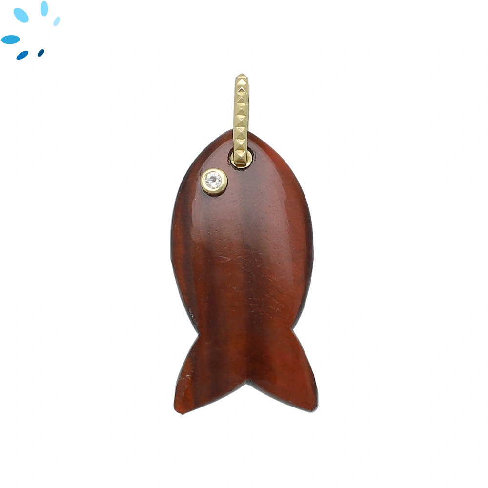 Red Tiger Eye & White Topaz Vertical Chunky Fish Inlay Pendant Charm 32x16mm - 18k Gold Plated Sterling Silver - 1 Piece
