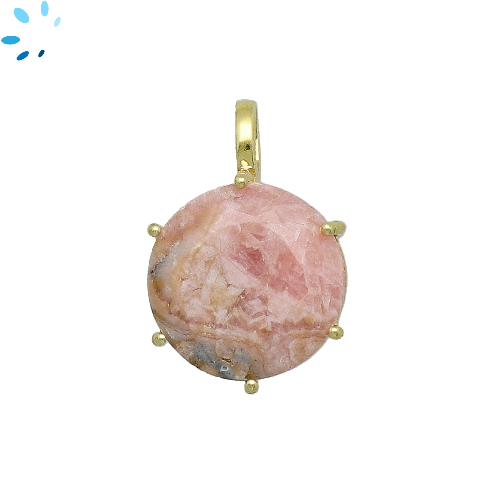 Rhodochrosite Round Prong-Set Pendant Charm 15mm - 18k  Gold Plated Sterling Silver - 1 Piece