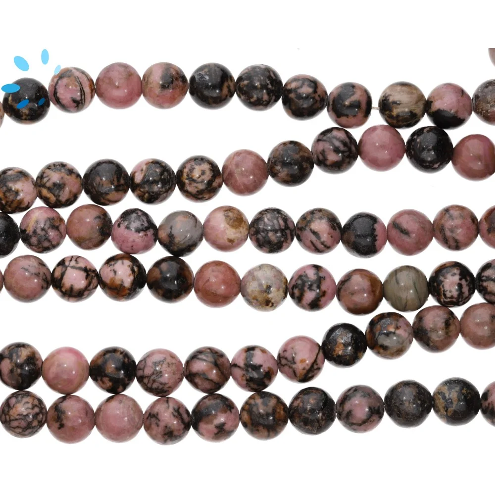 Rhodonite Smooth Round Top to Bottom Drilled Beads 8mm - 14 Inch Strand