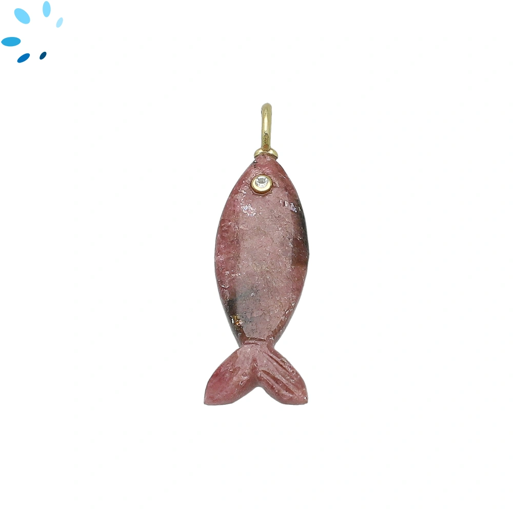 Rhodonite & White Topaz Vertical Elongated Fish Inlay Pendant Charm 25x9mm - 18k Gold Plated Sterling Silver