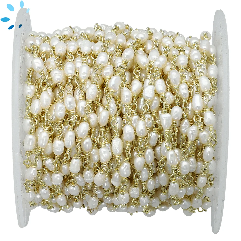 Rice Shape Freshwater Pearl 6x3.5mm Sterling Silver Gold Plated Rosary Style Beaded Chain Per Foot