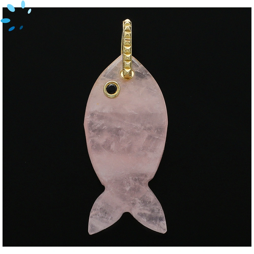 Rose Quartz & Black Spinel Vertical Chunky Fish Inlay Pendant Charm 31x15mm - 18k Gold Plated Sterling Silver - 1 Piece