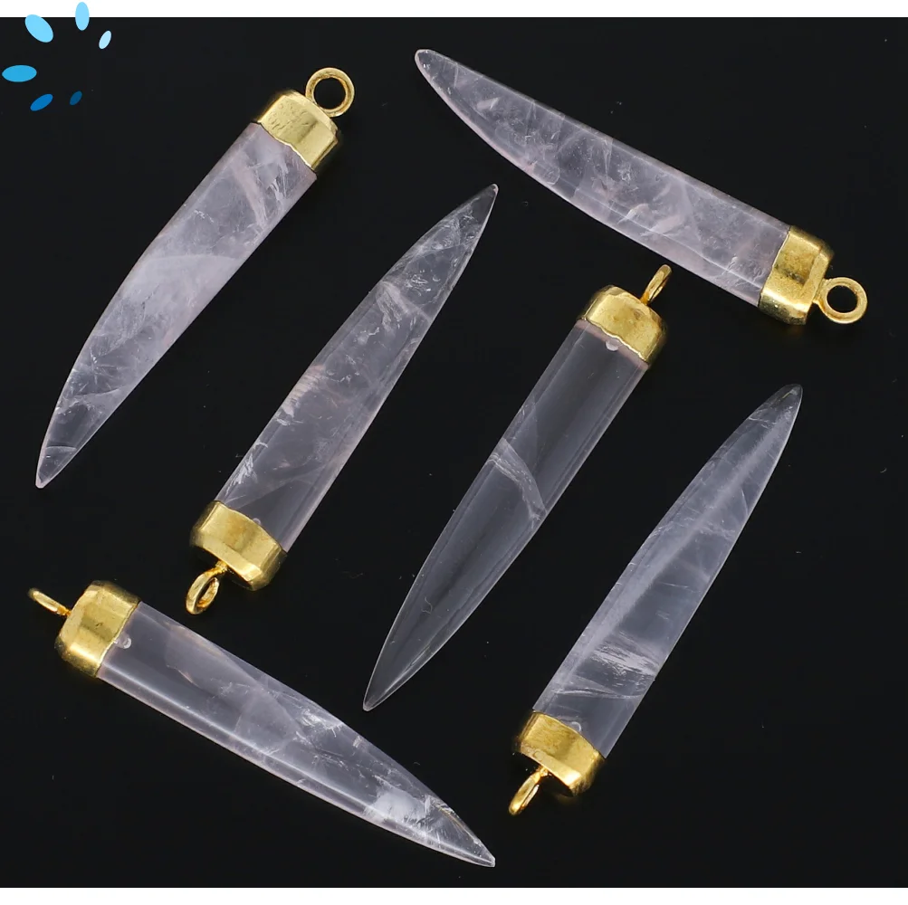 Rose Quartz Chili Charm Pendant 35x6 - 38x6mm 18k Gold Electroplated -  Set of 2