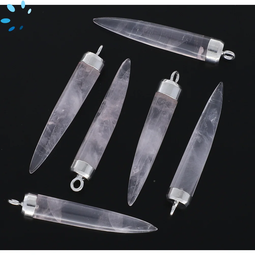 Rose Quartz Chili Pendant Charm 35x6 - 38x6mm Silver Electroplated -  Set of 2