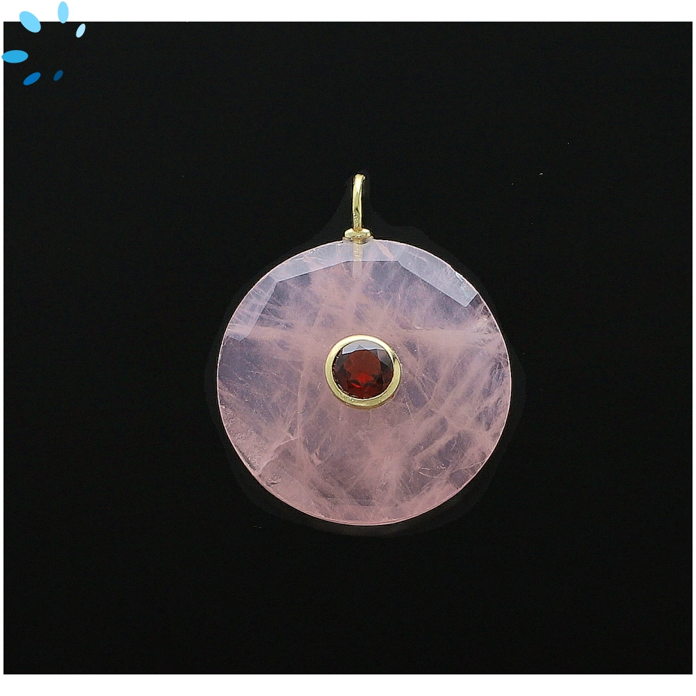 Rose Quartz & Garnet Coin Inlay Charm Pendant 25mm - 18k Gold Plated Sterling Silver