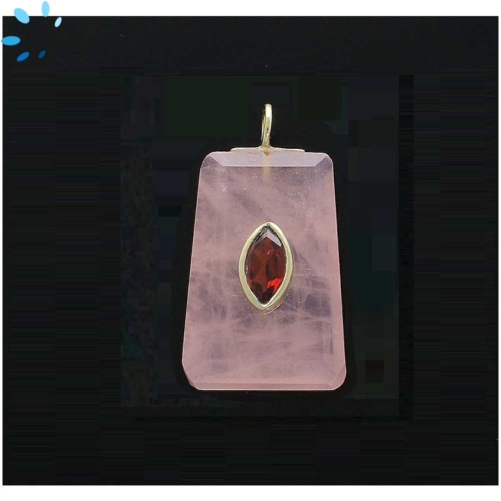 Rose Quartz & Garnet Fancy Shape Inlay Charm Pendant 24x16mm - 18k Gold Plated Sterling Silver