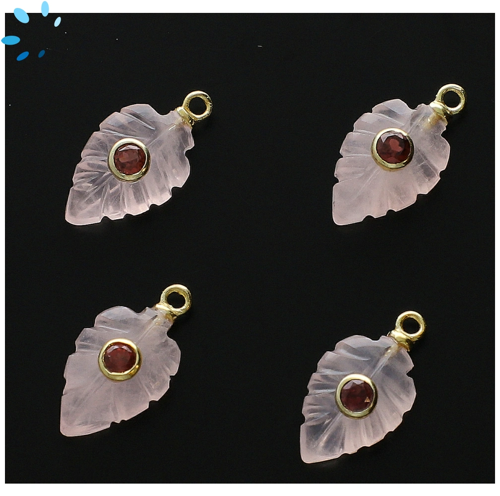 Rose Quartz & Garnet Leaf Inlay Charm Pendant 14x9mm - 18k Gold Plated Sterling Silver