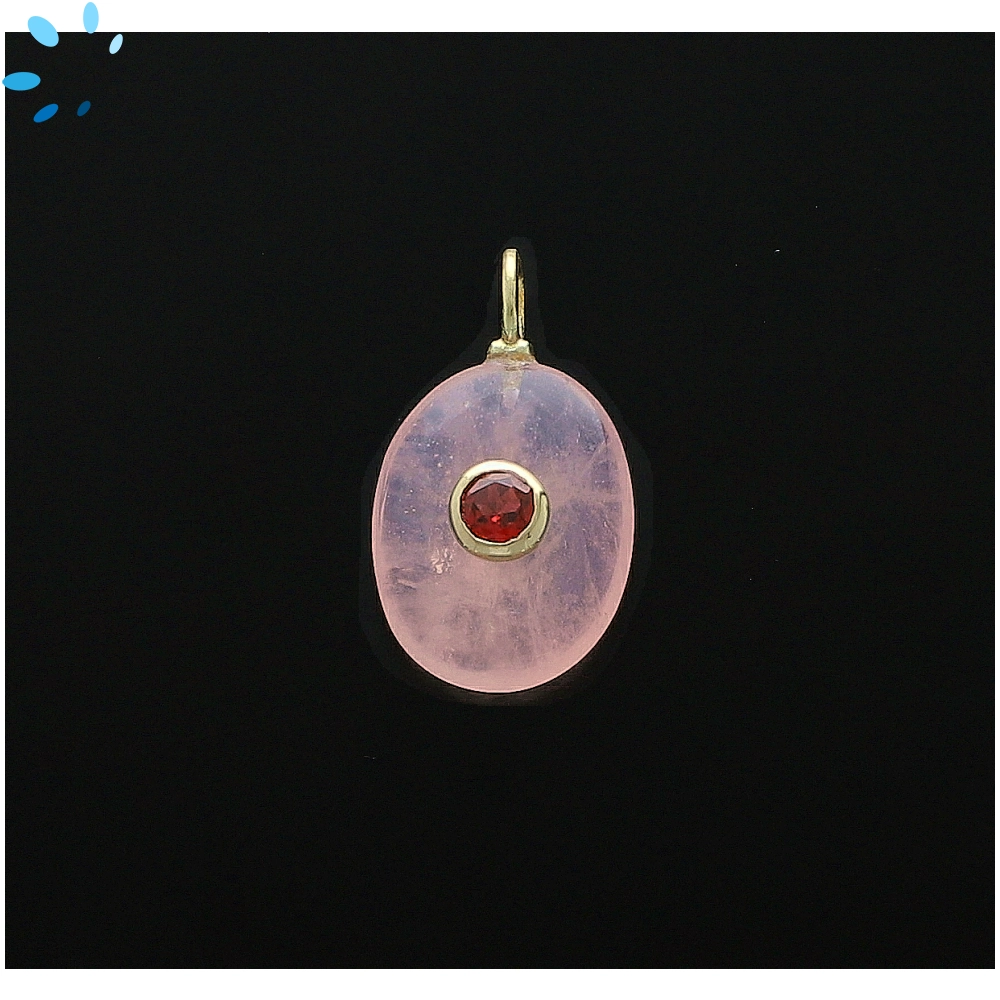 Rose Quartz & Garnet Oval Inlay Charm Pendant 17x13mm - 18k Gold Plated Sterling Silver