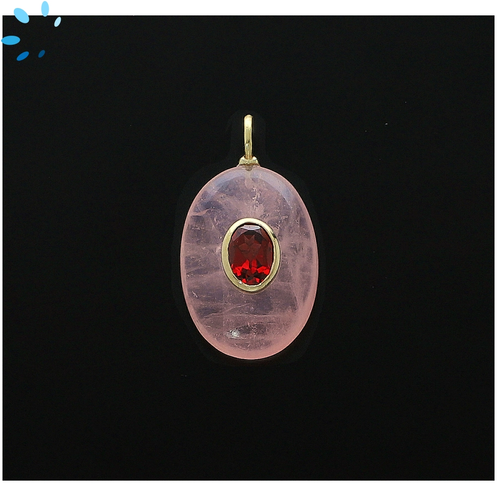 Rose Quartz & Garnet Oval Inlay Charm Pendant 22x15mm - 18k Gold Plated Sterling Silver