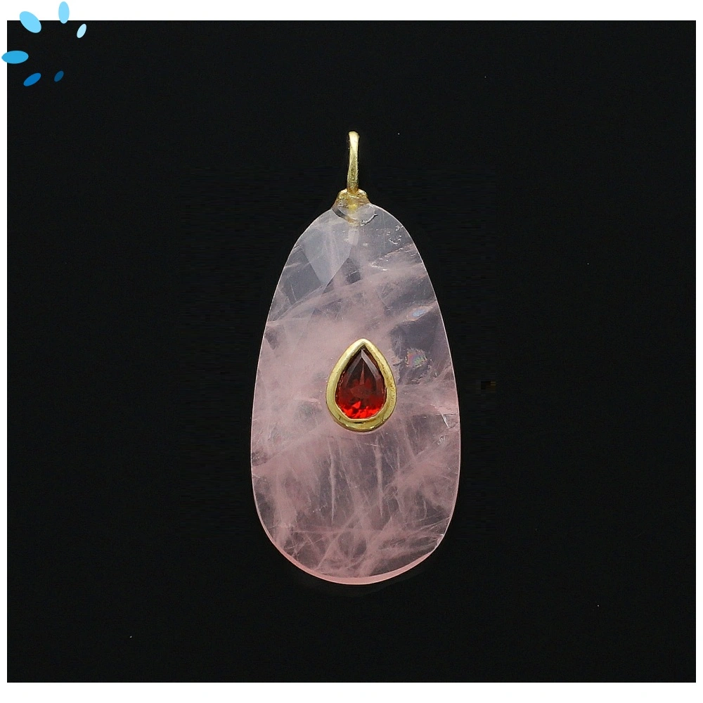 Rose Quartz & Garnet Pear Inlay Pendant Charm 30x16mm - 18k Gold Plated Sterling Silver - 1 Piece