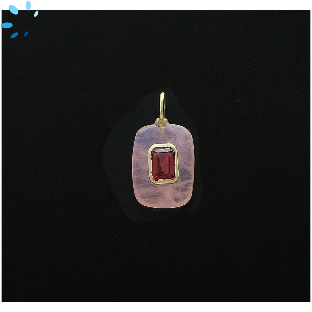 Rose Quartz & Garnet Rectangle Inlay Pendant Charm 15x11mm - 18k Gold Plated Sterling Silver