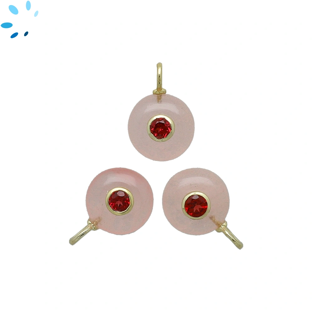 Rose Quartz & Garnet Round Inlay Charm Pendant 12mm - 18k Gold Plated Sterling Silver - 1 Piece