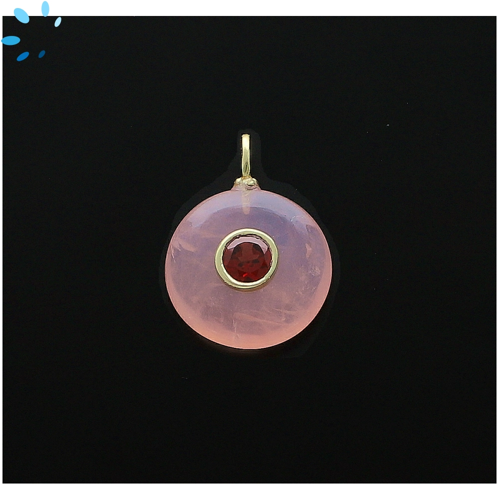 Rose Quartz & Garnet Round Inlay Pendant Charm 16mm - 18k Gold Plated Sterling Silver