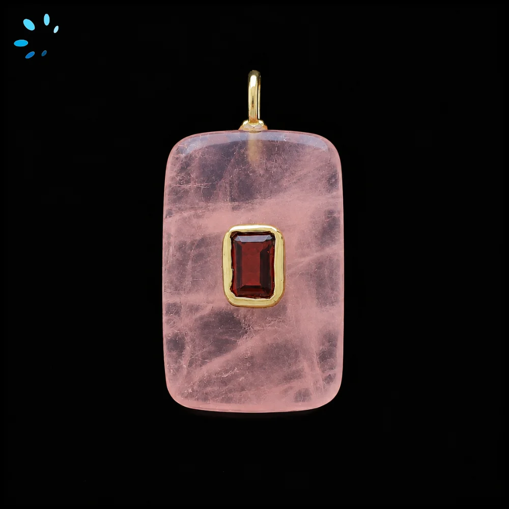 Rose Quartz & Garnet Slab Rectangle Inlay Pendant Charm 28x18mm - 18k Gold Plated Sterling Silver 1 Piece