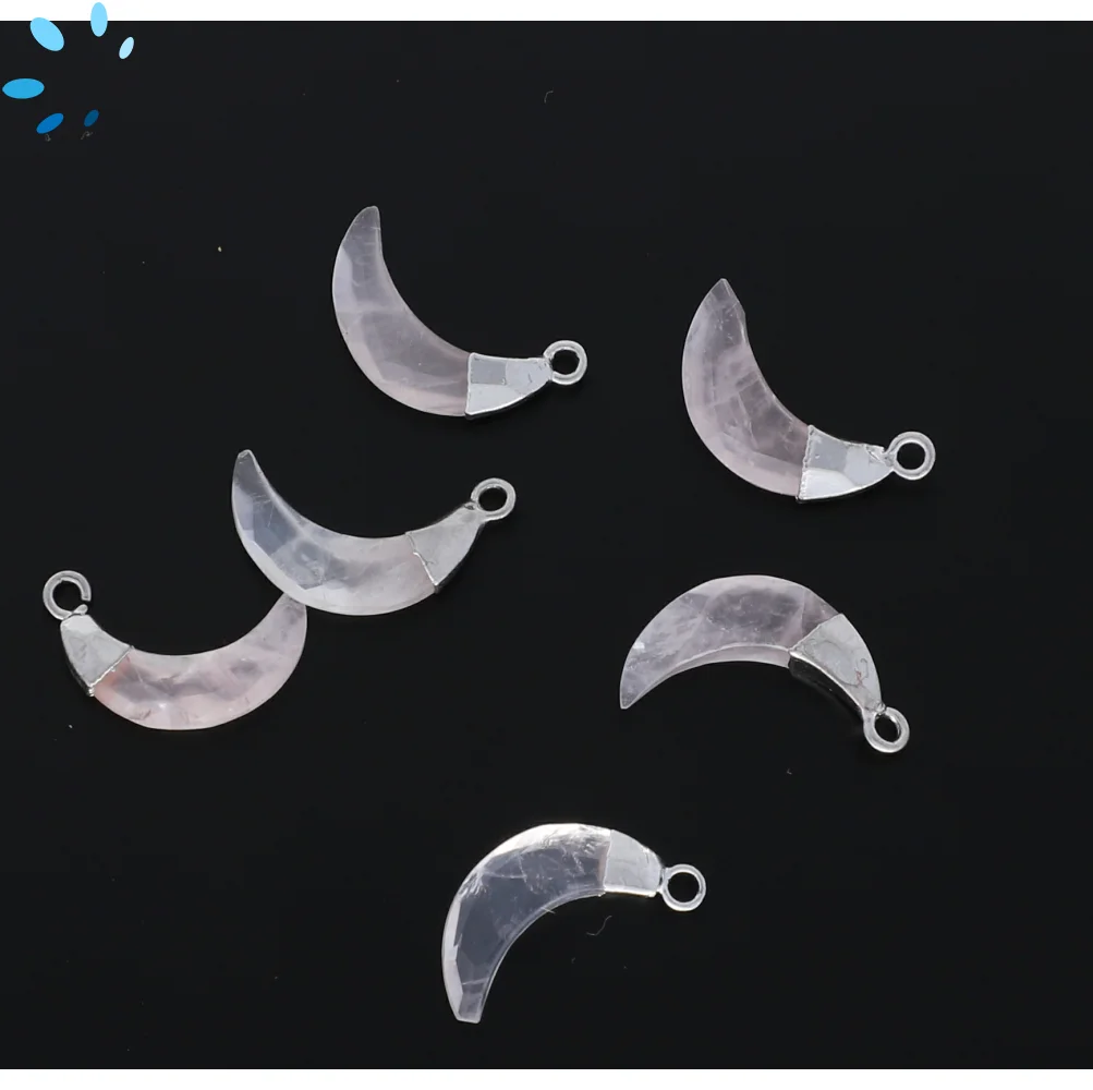 Rose Quartz Moon Charm Pendant 13x5 - 15x6mm Silver Electroplated - Set of 4
