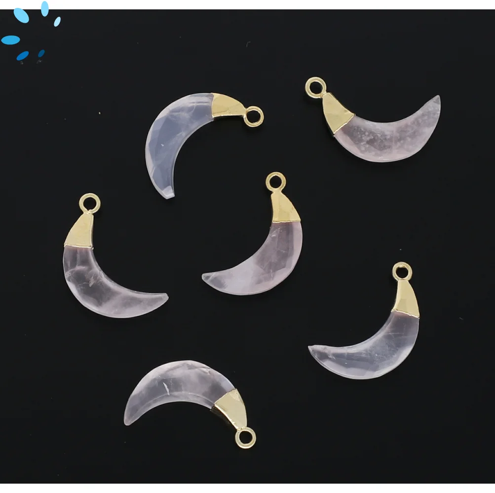 Rose Quartz Moon Pendant Charm 13x5 - 15x6mm 18k Gold Electroplated - Set of 4