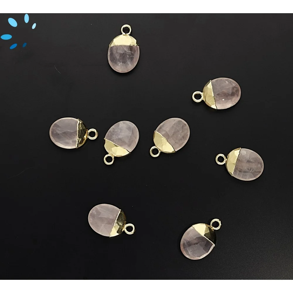 Rose Quartz Oval Pendant Charm 10x8 - 12x9mm 18k Gold Electroplated - Set of 4