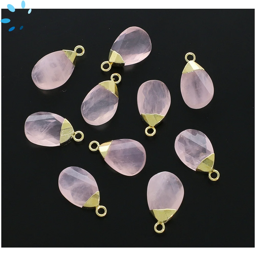 Rose Quartz Pear Pendant Charm 13x8mm 18k Gold Electroplated - Set of 4