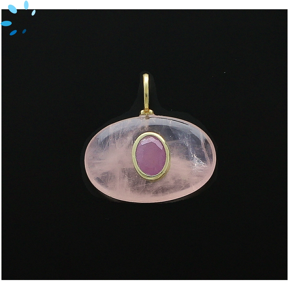 Rose Quartz & Pink Sapphire Oval Inlay Charm Pendant 22x15mm - 18k Gold Plated Sterling Silver