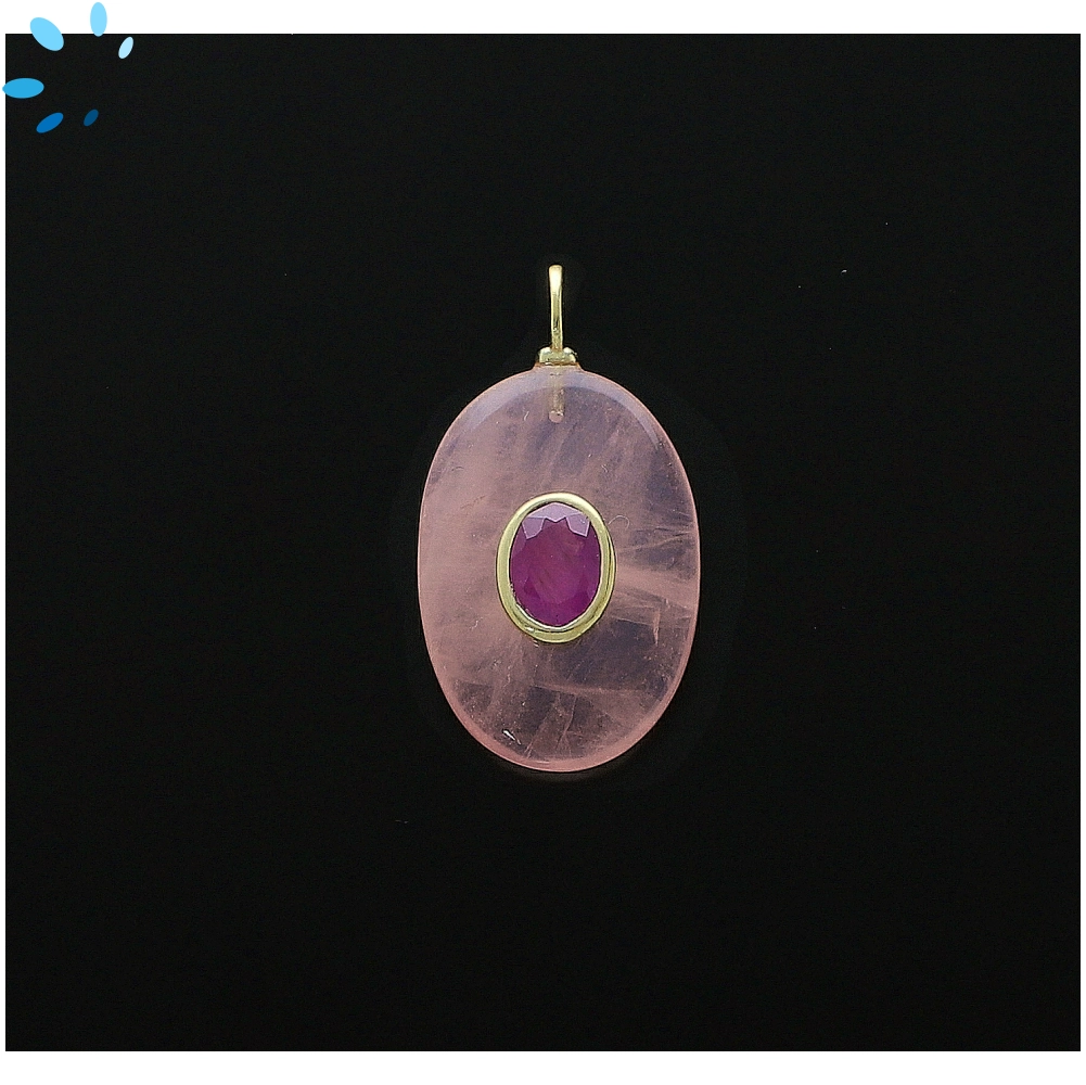 Rose Quartz & Pink Sapphire Oval Inlay Charm Pendant 22x15mm - 18k Gold Plated Sterling Silver