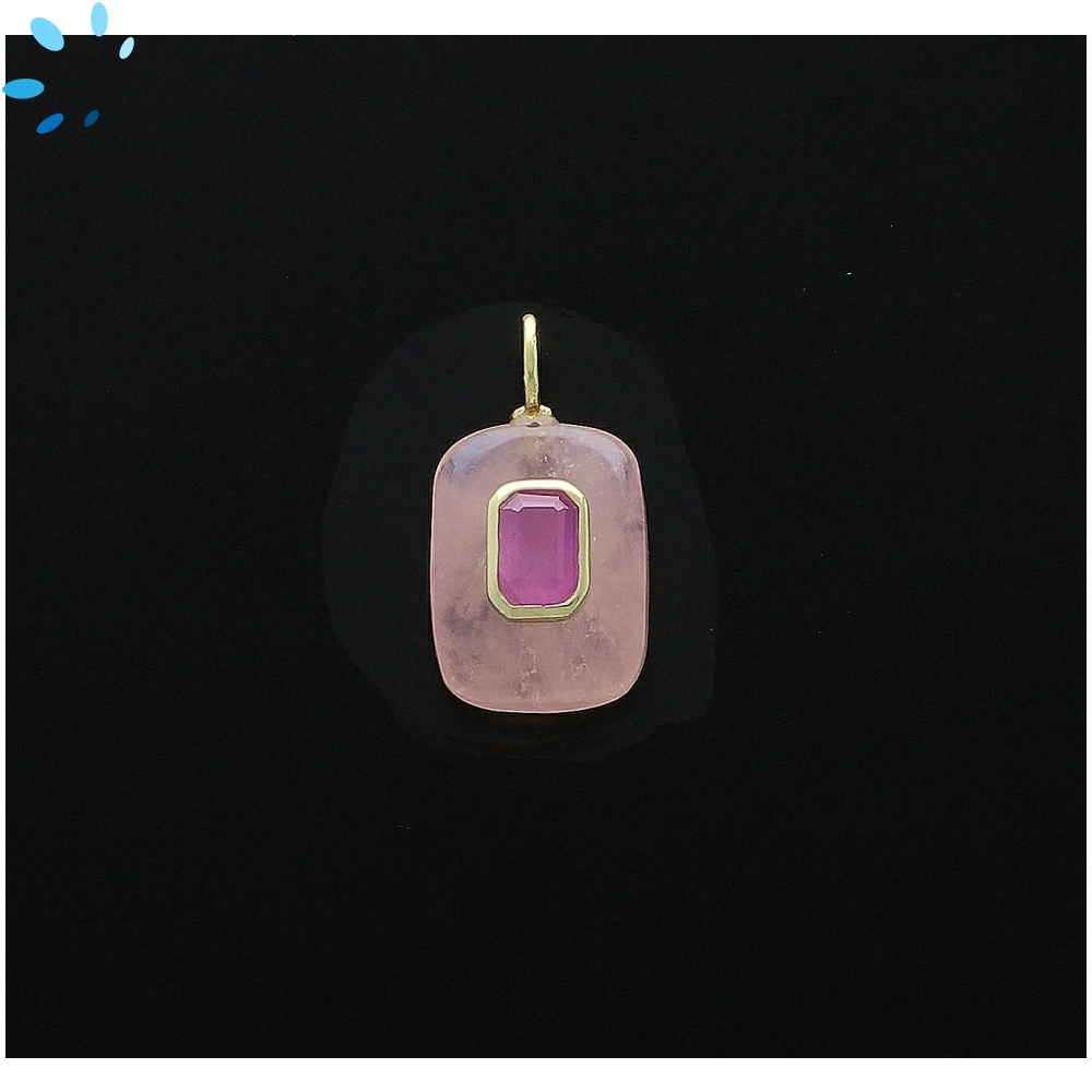 Rose Quartz & Pink Sapphire Rectangle Inlay Charm Pendant 15x11mm - 18k Gold Plated Sterling Silver