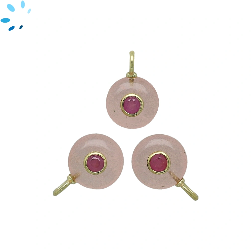 Rose Quartz & Pink Sapphire Round Inlay Charm Pendant 12mm - 18k Gold Plated Sterling Silver - 1 Piece