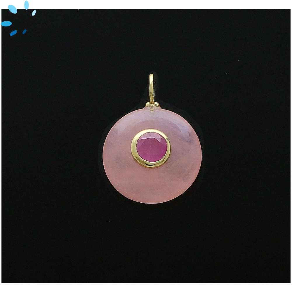 Rose Quartz & Pink Sapphire Round Inlay Charm Pendant 16mm - 18k Gold Plated Sterling Silver