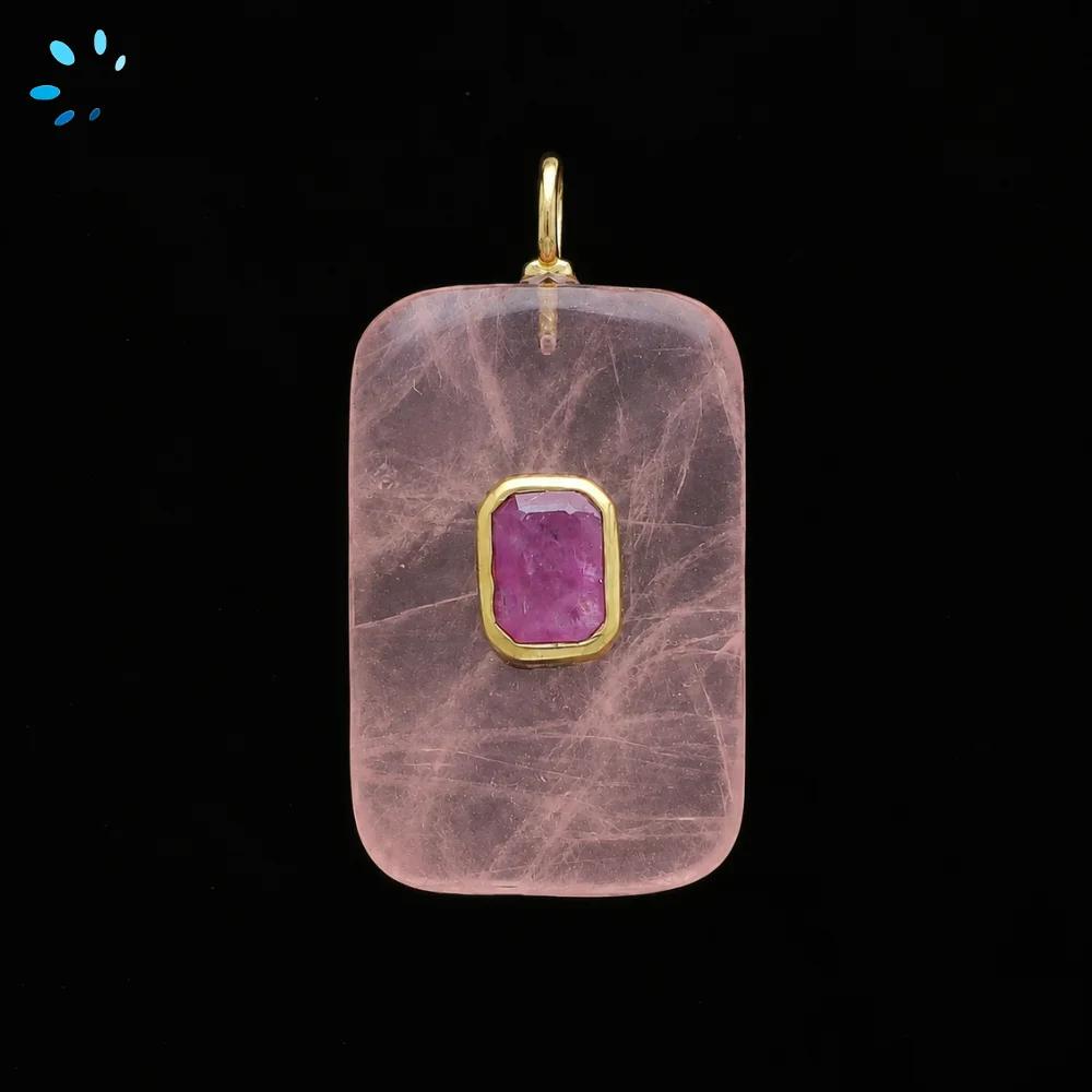 Rose Quartz & Pink Sapphire Slab Rectangle Inlay Pendant Charm 28x18mm - 18k Gold Plated Sterling Silver 1 Piece