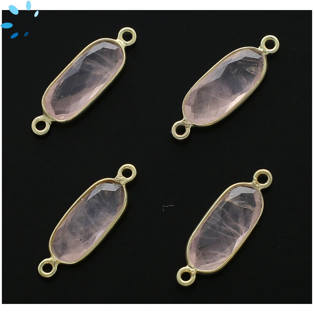 Rose Quartz Rectangle Bezel Connector 16x7 - 18x8mm - 18k Gold Plated Sterling Silver - Set of 4