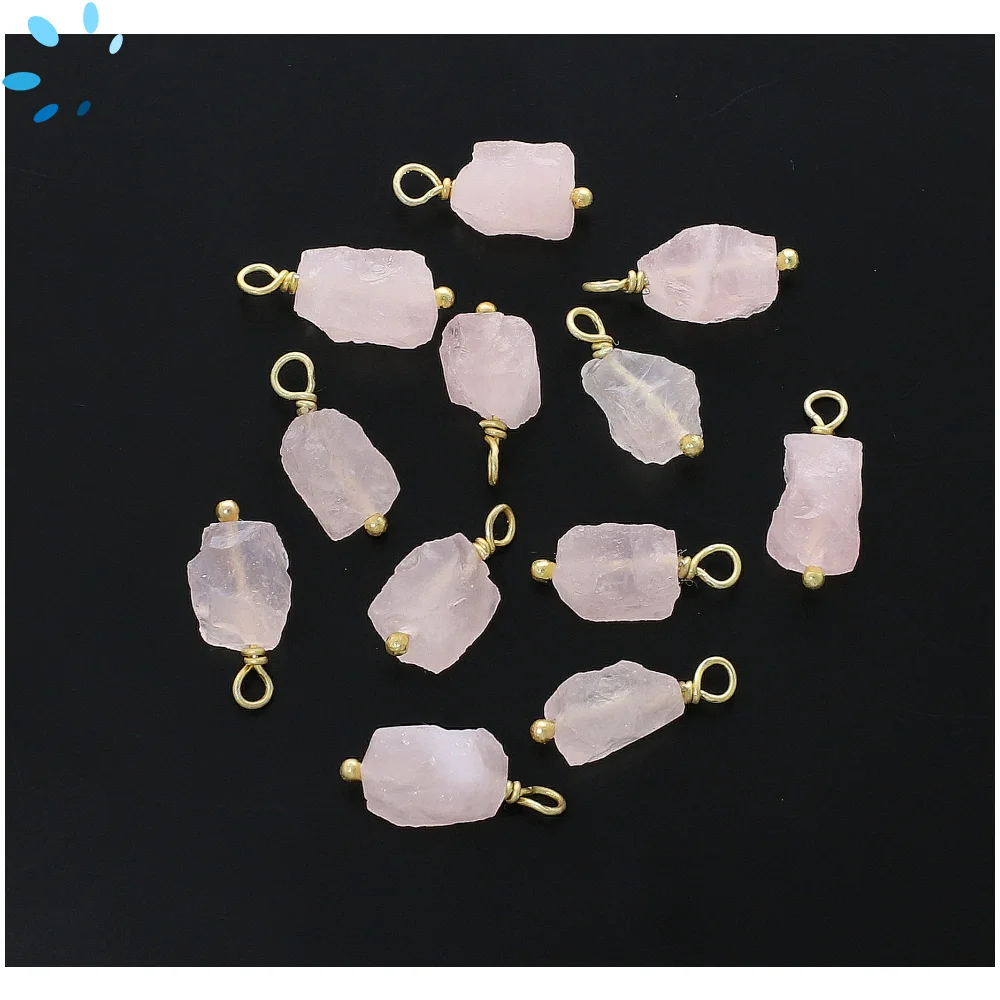 Rose Quartz Rough Bezel Charm Pendant 8x5 - 10x7mm - 18k Gold Plated Sterling Silver - Set of 4