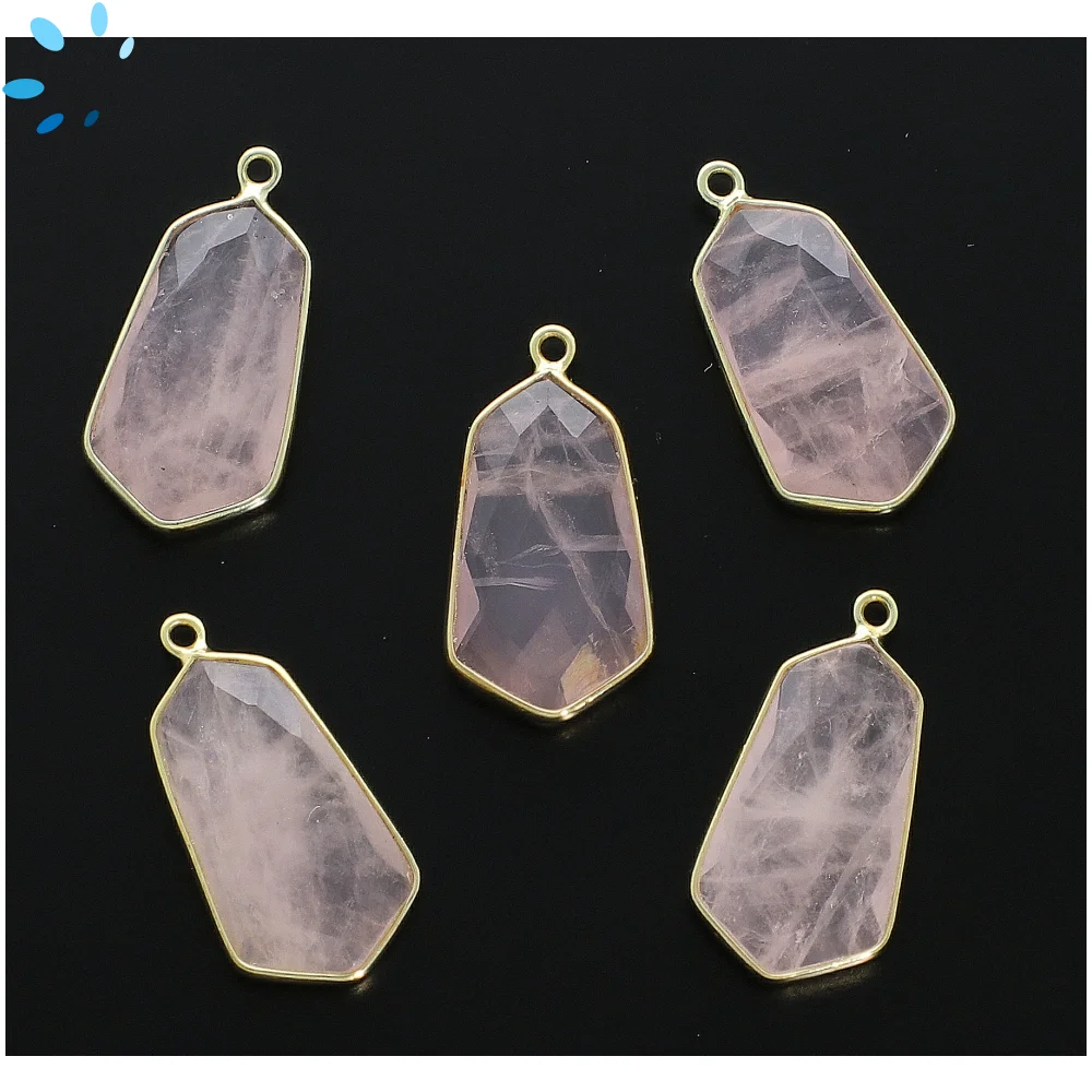 Rose Quartz Shield Bezel Charm Pendant 23x13 - 18k Gold Plated Sterling Silver - Set of 2