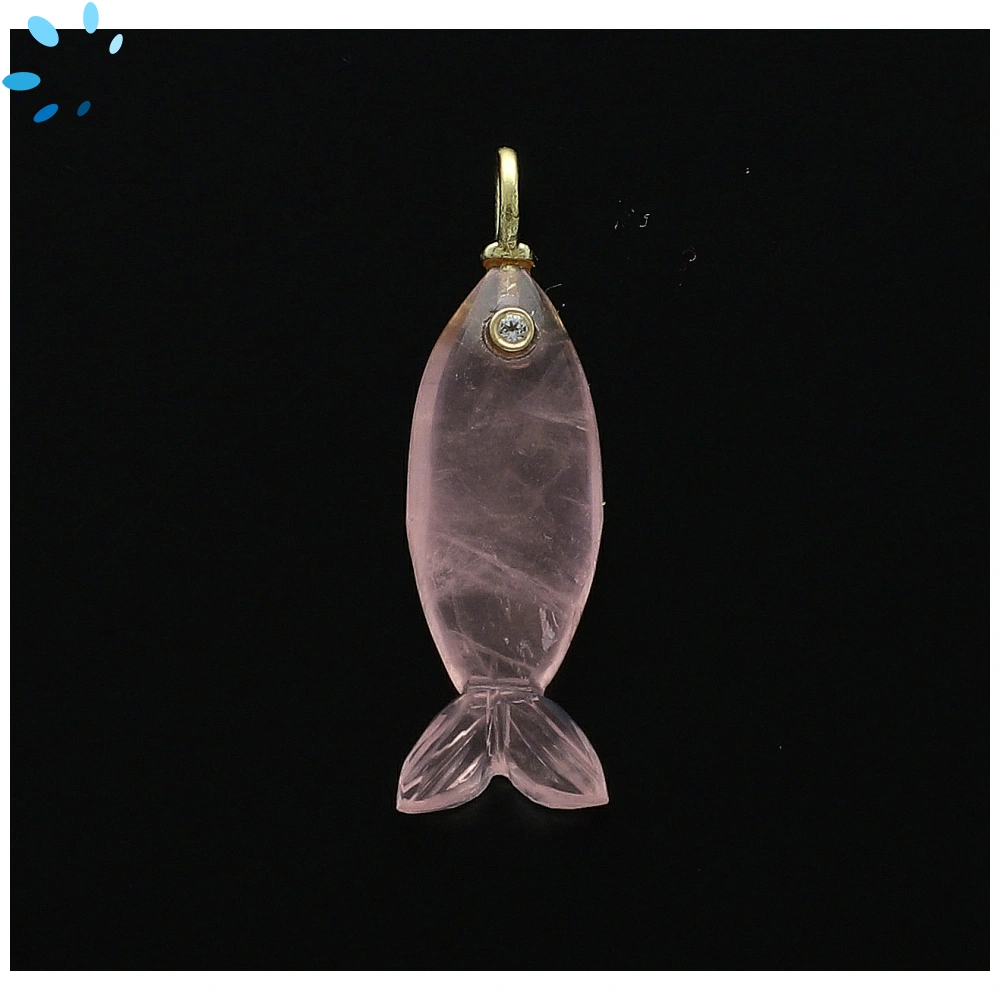 Rose Quartz Vertical Elongated Fish Inlay Pendant Charm 25x9mm - 18k Gold Plated Sterling Silver 1 Piece